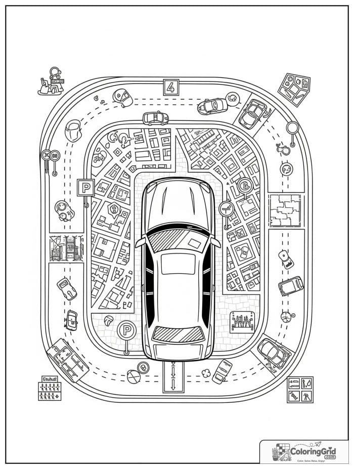 Top view car map scene in black and white