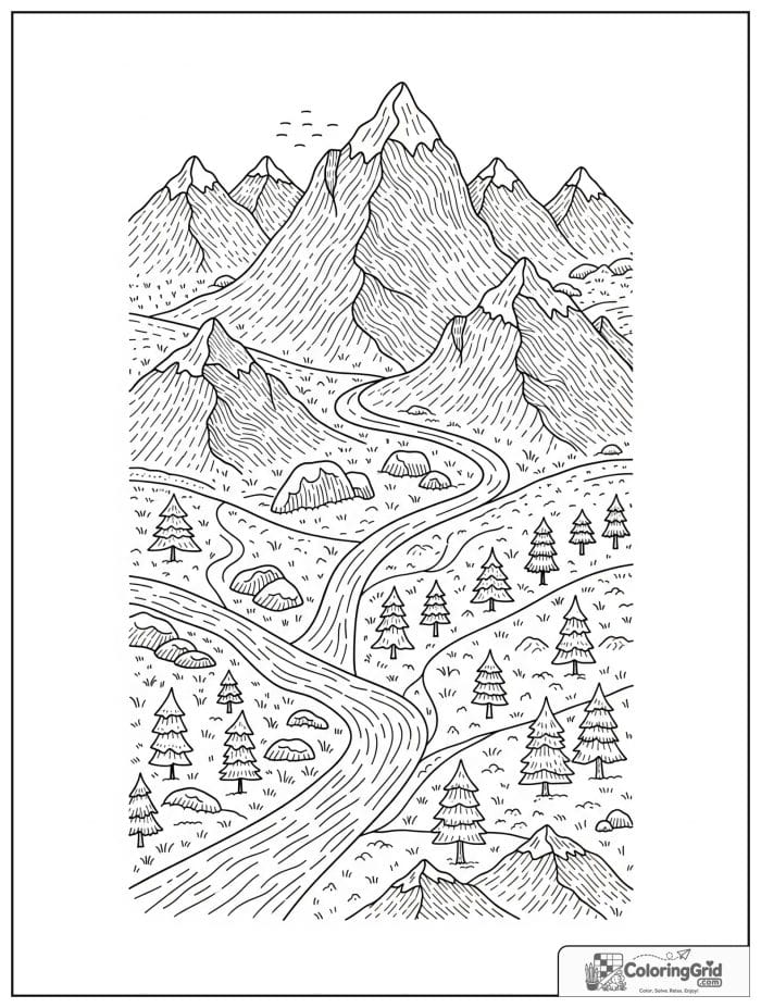 Top view mountain map black and white illustration