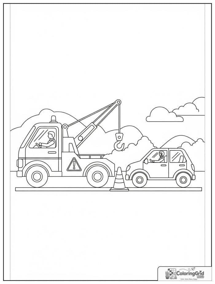 Truck coloring page featuring a tow truck helping on the roadside.