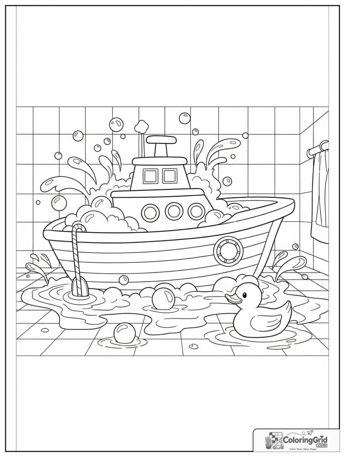 Boat coloring page featuring a toy boat in a bathtub.
