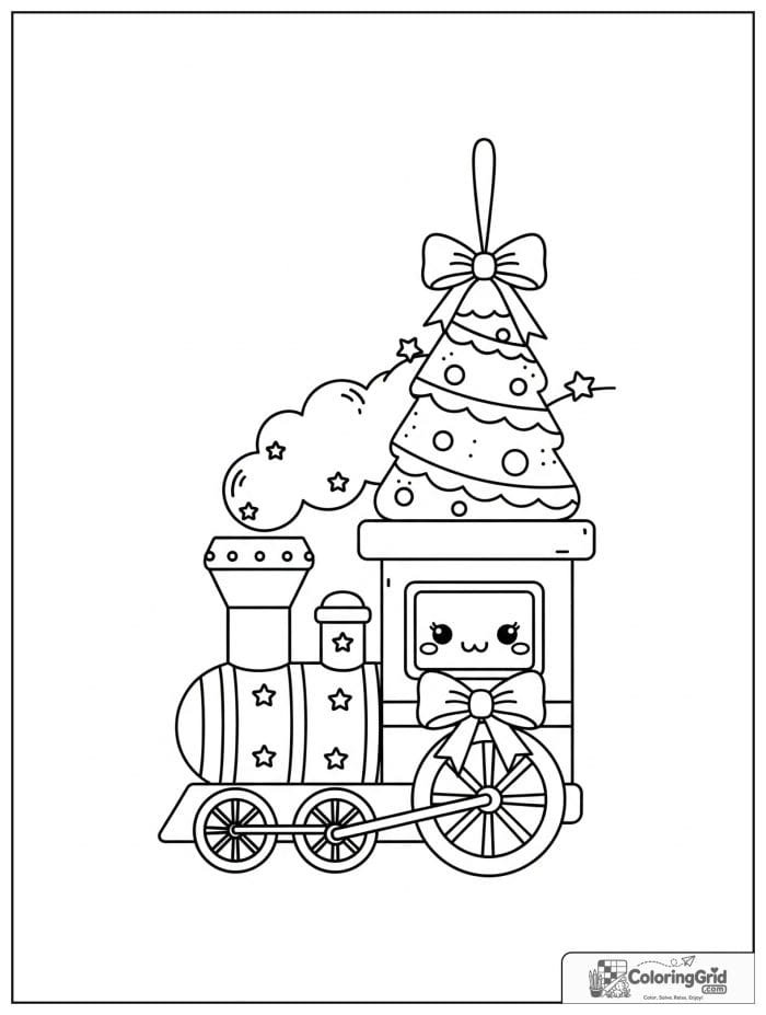 Toy train Christmas ornament with stars and bow.