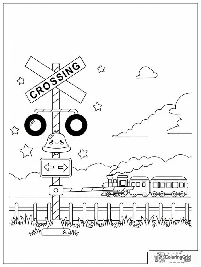 Train crossing scene with a crossing bell.