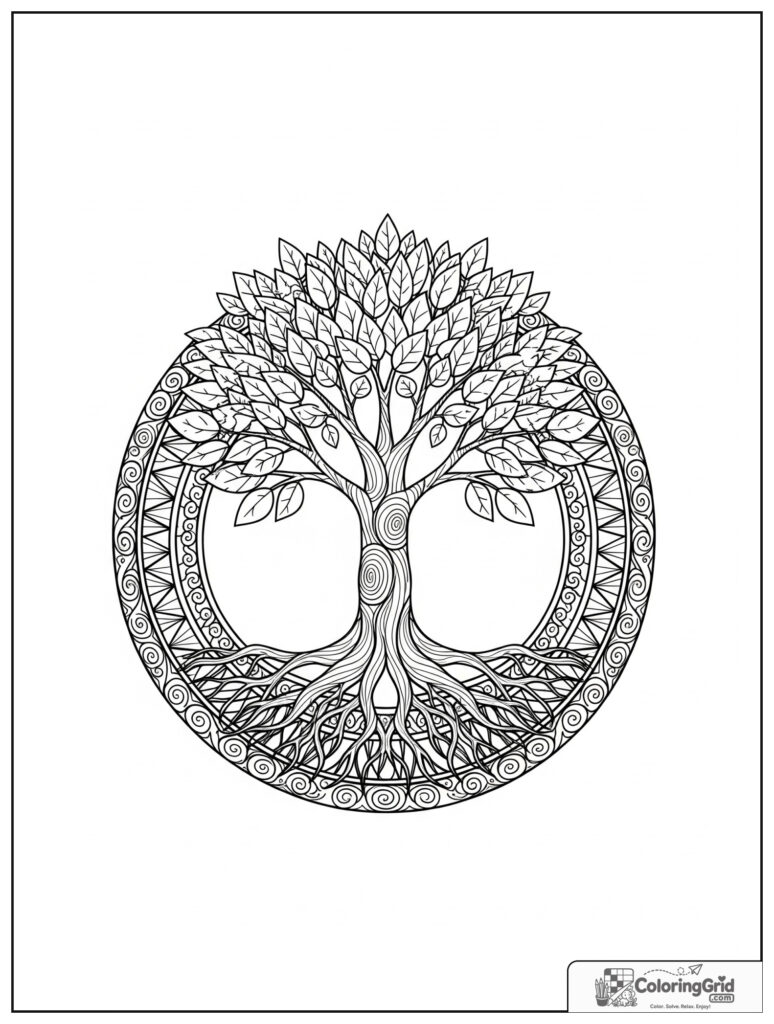 Tranquil tree roots mindfulness mandala with zentangle bark lines