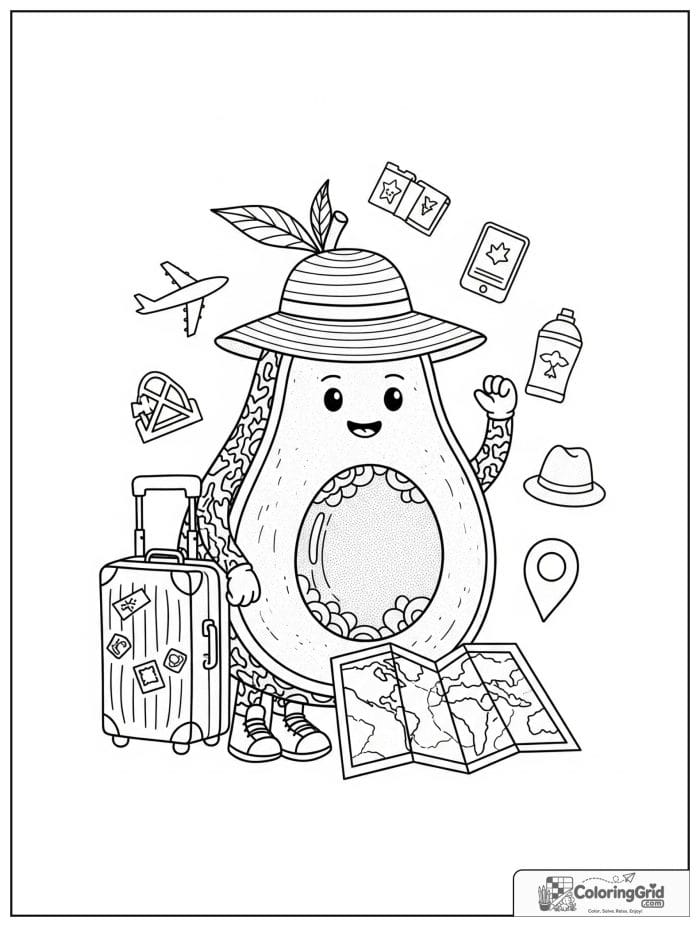 Traveling avocado with suitcase for avocado coloring pages