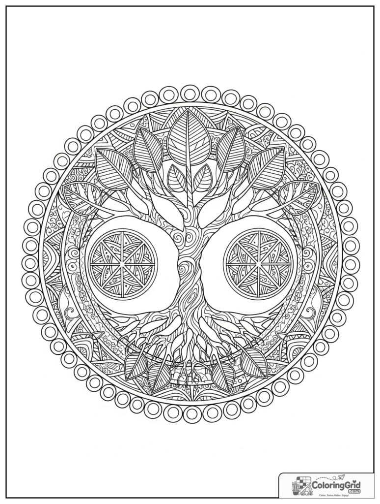 Tree of life sacred geometry mandala with branching zentangle lines