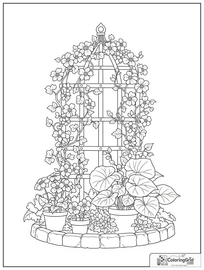 Garden coloring page featuring climbing flowers on a trellis.
