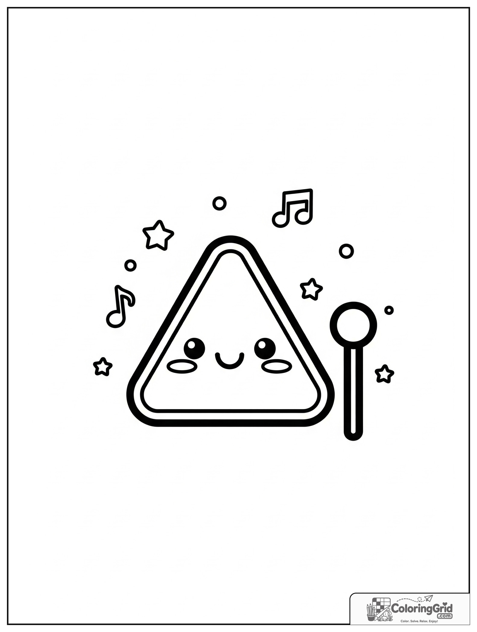 Cute smiling triangle instrument with beater and small star decorations.
