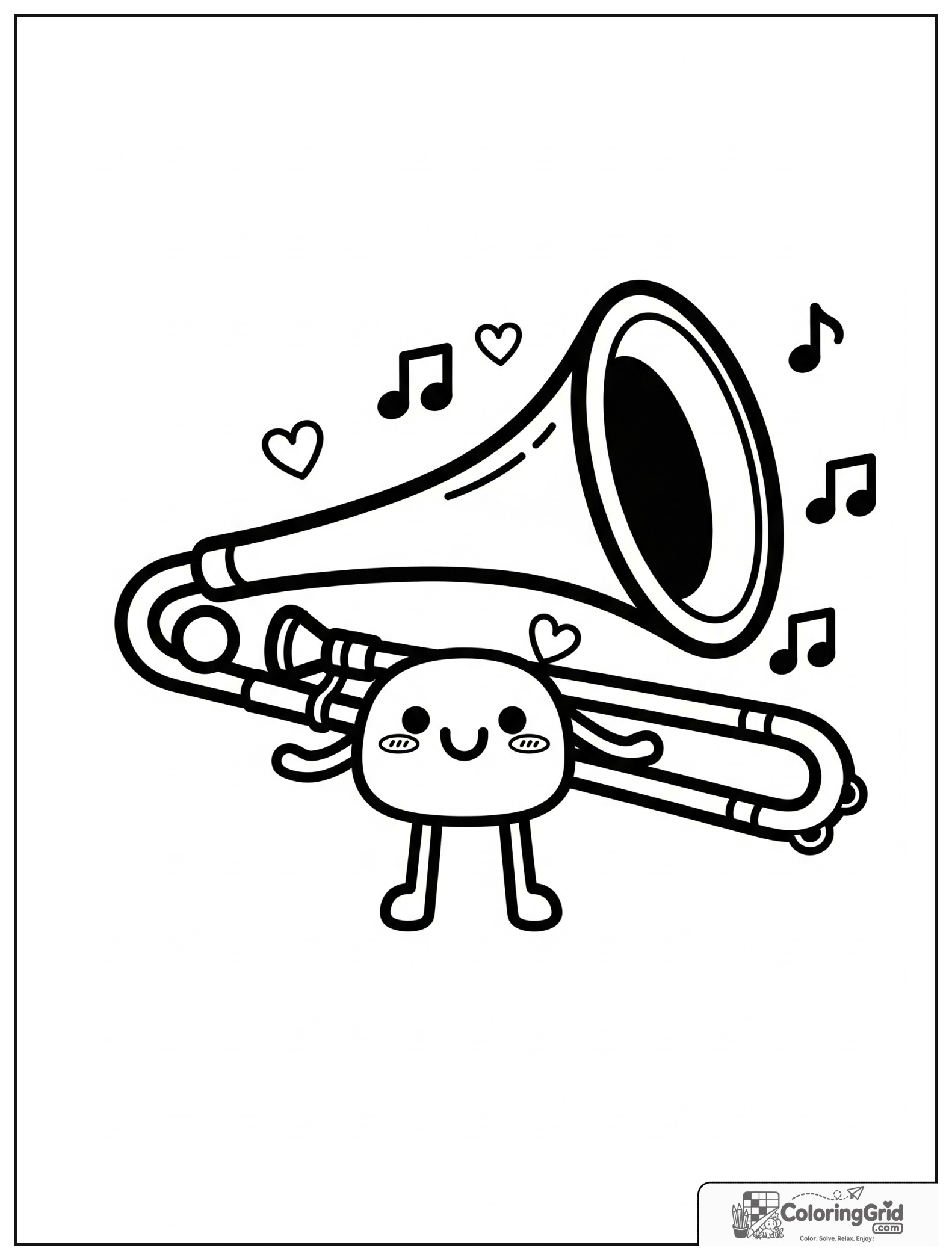 Cute smiling trombone with small heart and music note decorations.