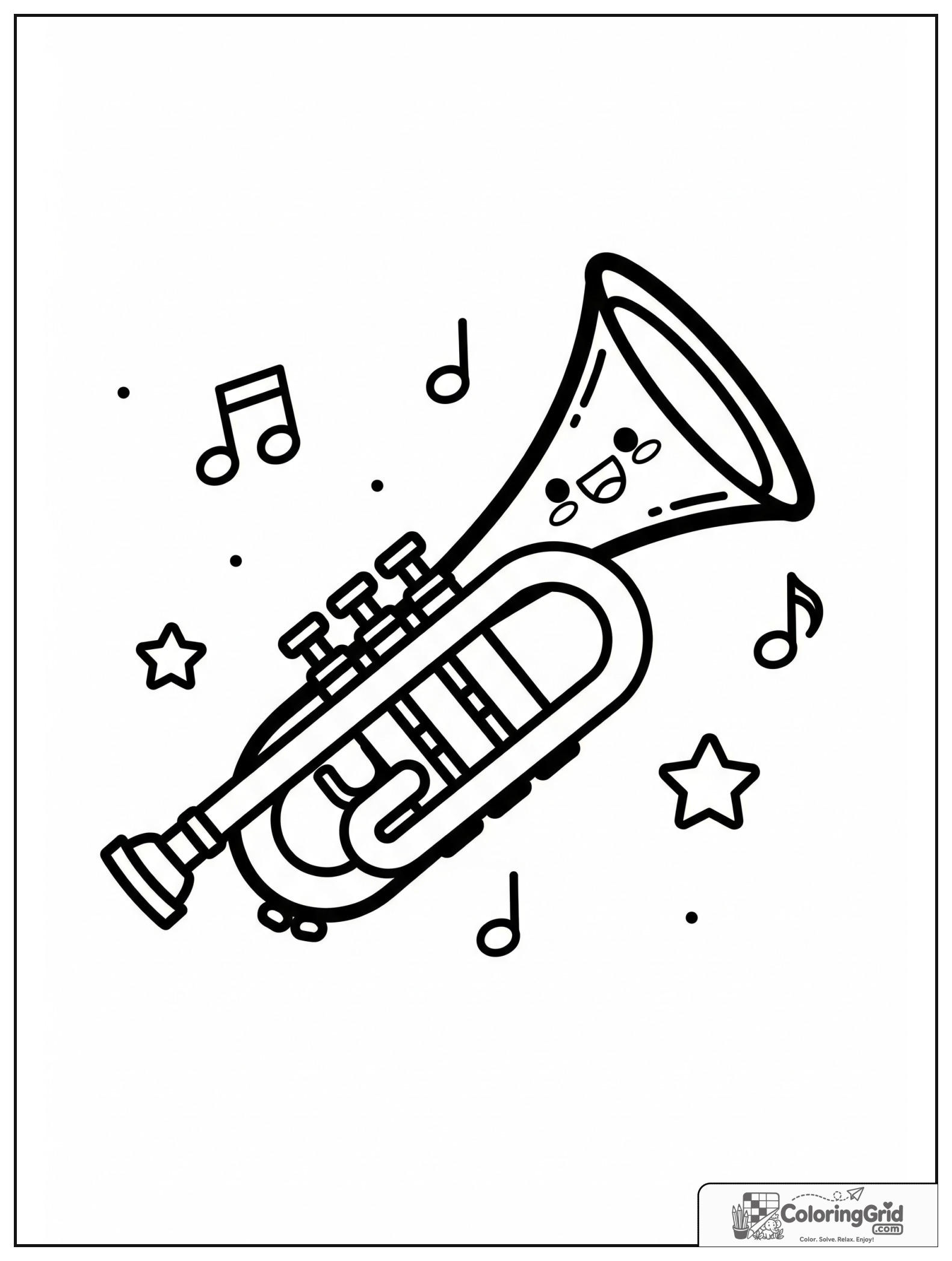 Cute smiling trumpet with small star and music note decorations.