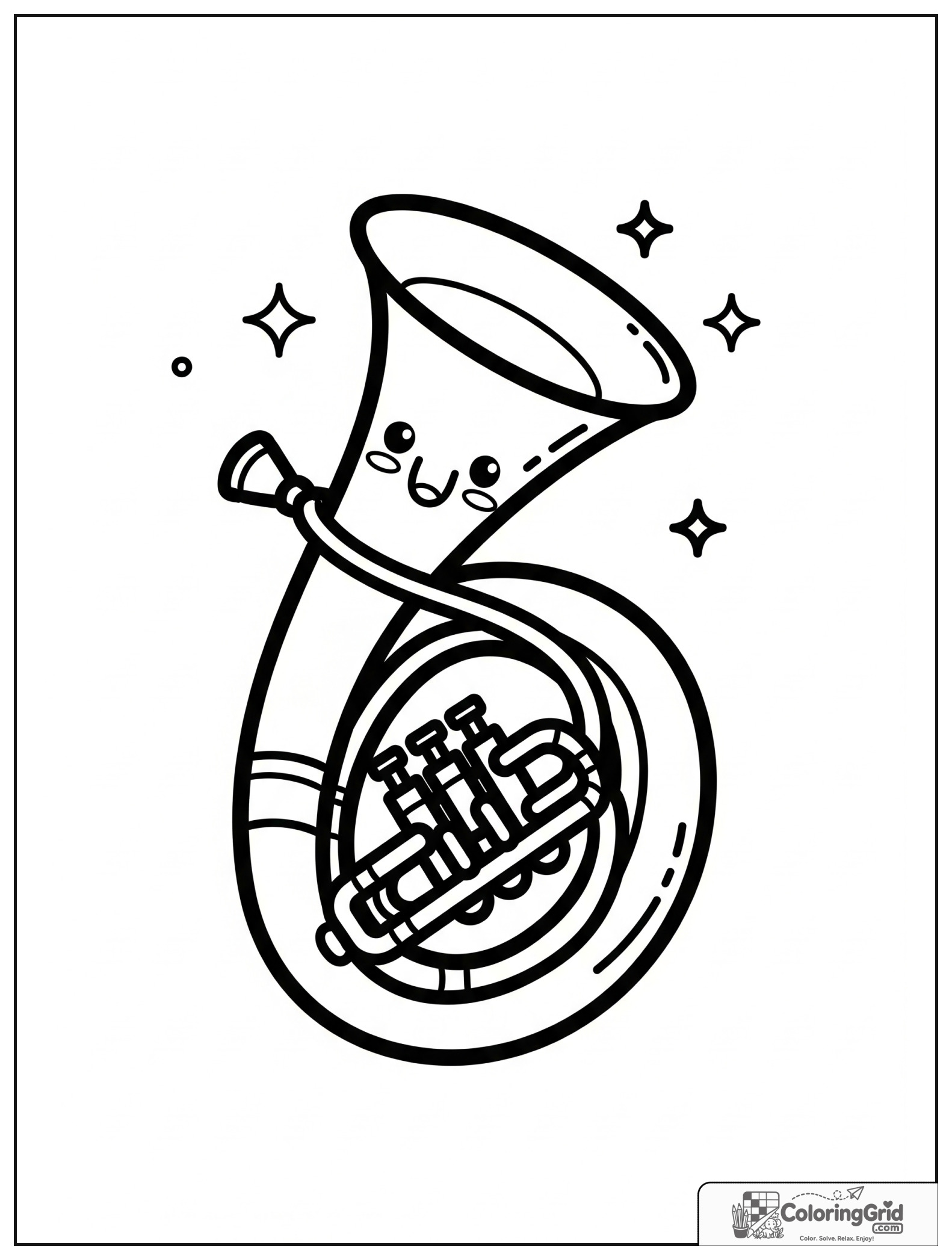 Cute smiling tuba with small star and sparkle decorations.