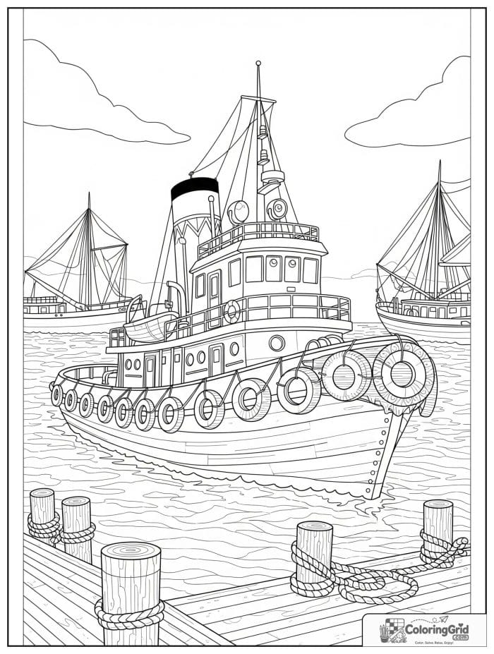 Boat coloring page featuring a tugboat in the harbor.