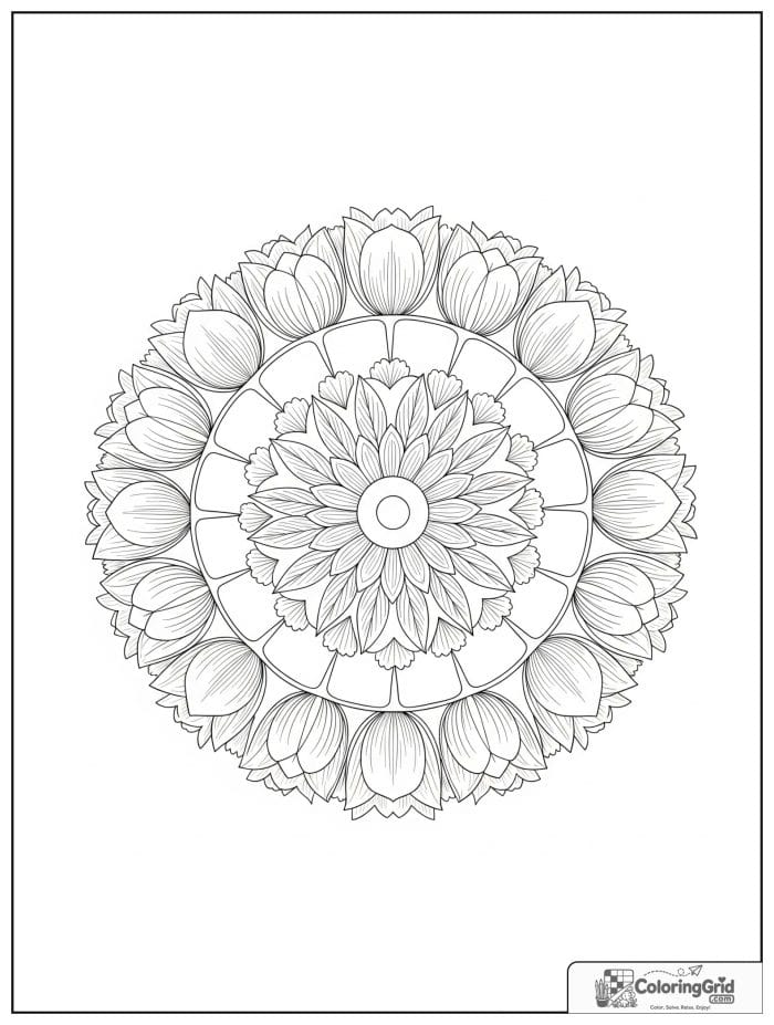 Easy mandala coloring page featuring a tulip ring design.