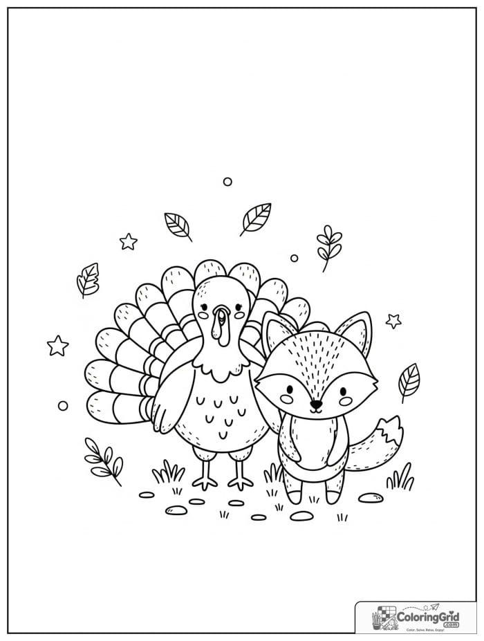 Cute turkey standing beside a friendly fox.