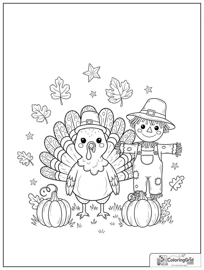 Cute turkey standing beside a friendly scarecrow.