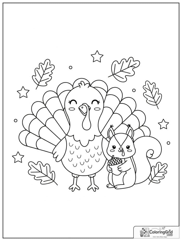 Smiling turkey with a little squirrel and acorn.