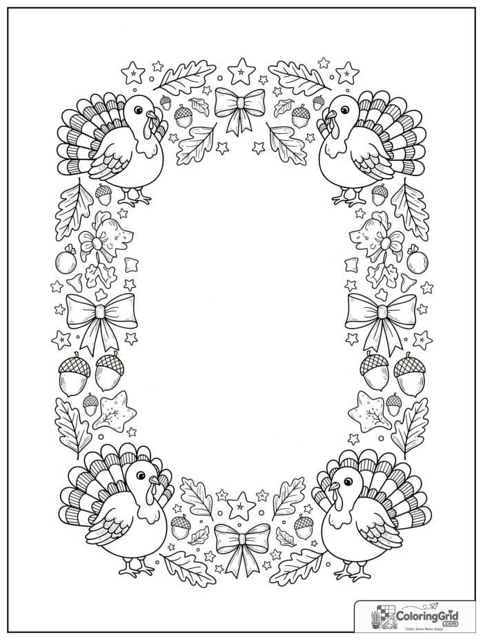 Decorative border with turkeys, leaves, and acorns.