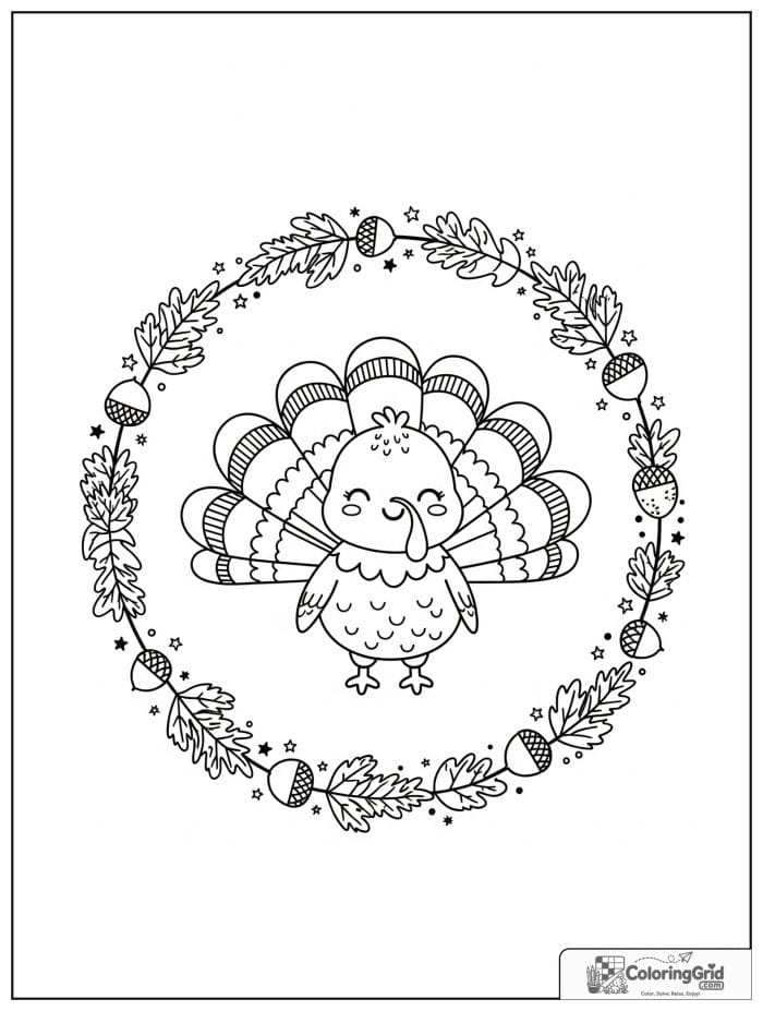 Smiling turkey centered in a circular decorative border.