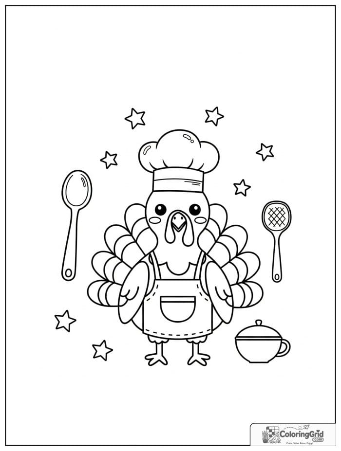 Cute turkey chef wearing an apron and hat.
