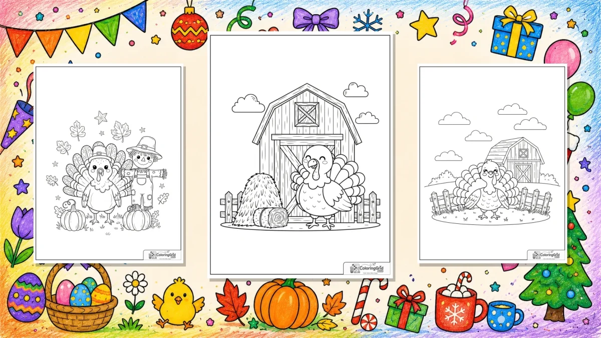 Turkey Coloring Pages featured illustration for Turkey Coloring Pages: Printable Turkey Activity Pages