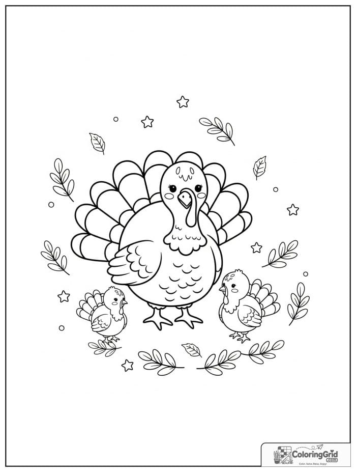 Turkey family with one adult and two baby turkeys.