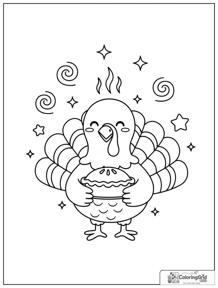 Happy turkey holding a pie with festive details.
