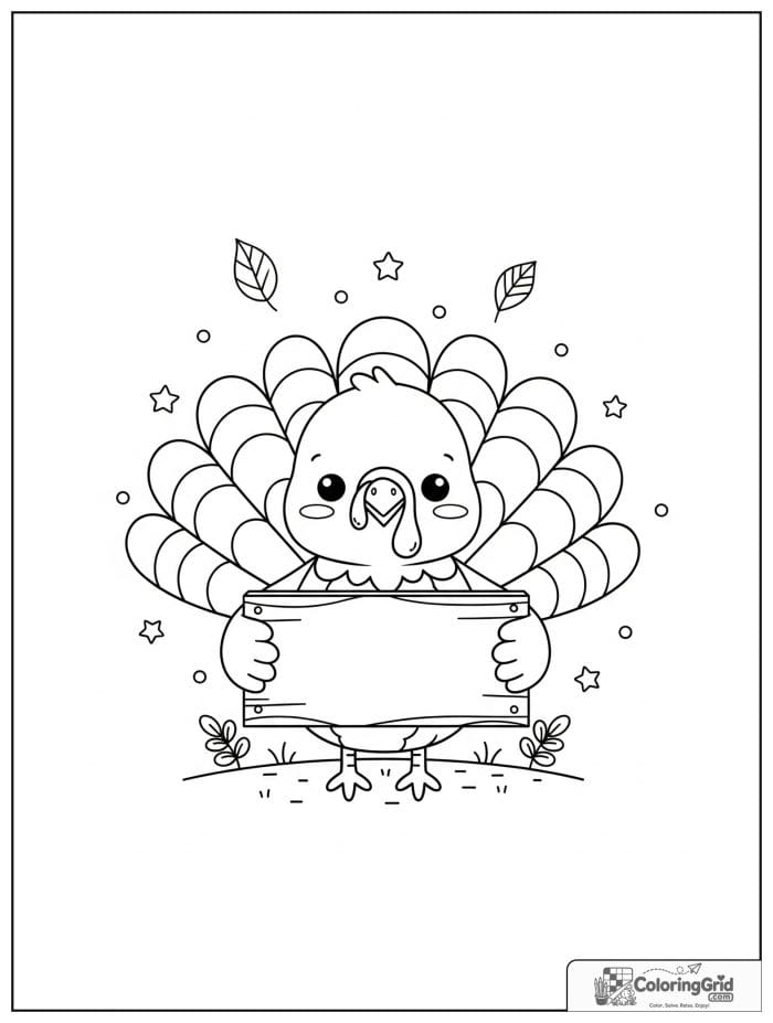 Cute turkey holding a blank wooden sign.