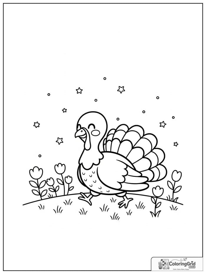 Cute turkey walking through a flower field.