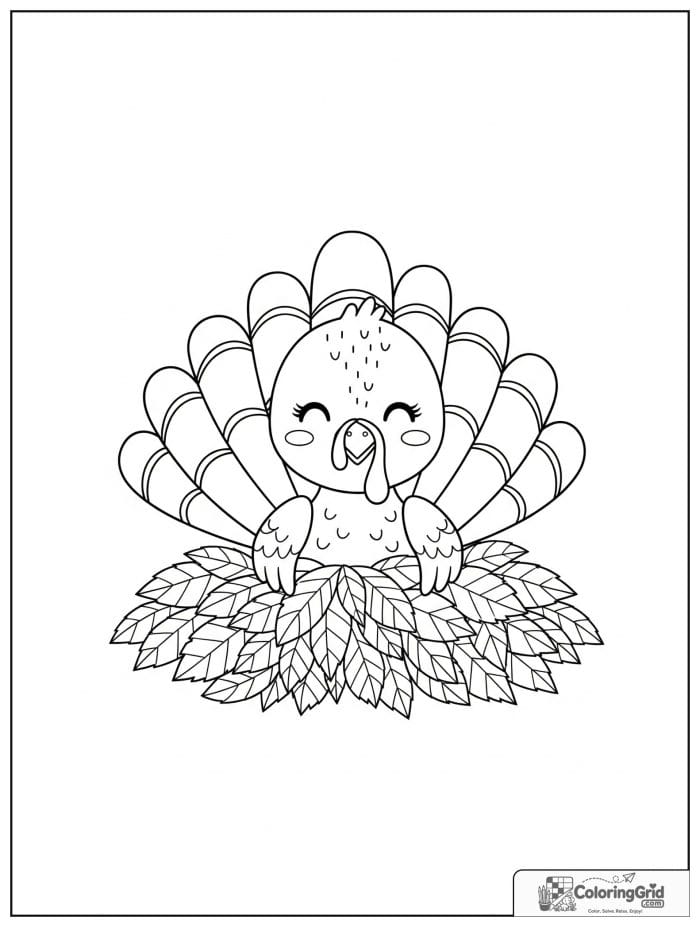 Cute turkey peeking from a pile of leaves.