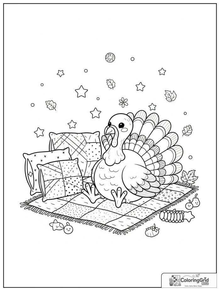 Cozy turkey near a patchwork quilt and pillows.