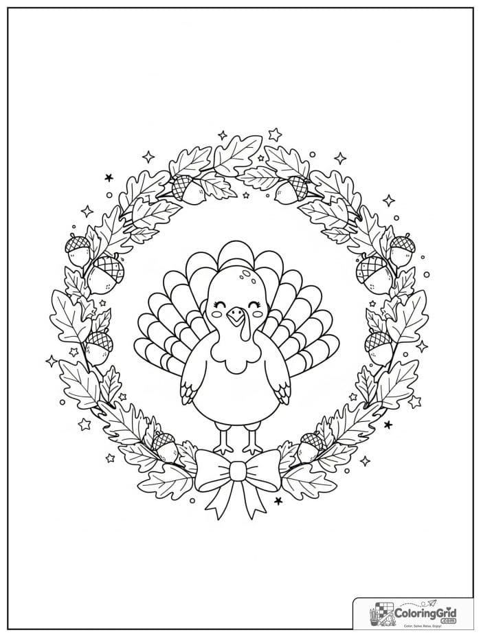 Smiling turkey inside a wreath of autumn leaves.