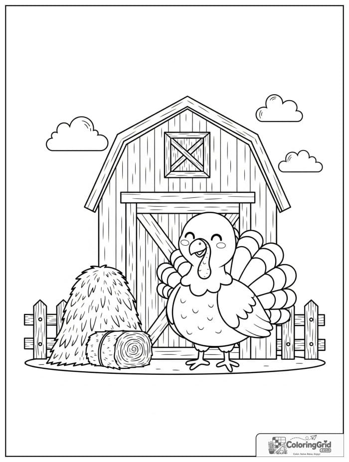 Smiling turkey standing by a barn door.