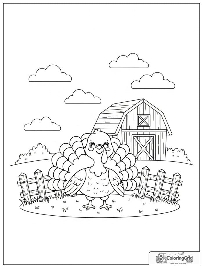 Smiling turkey standing on a farm near a barn.