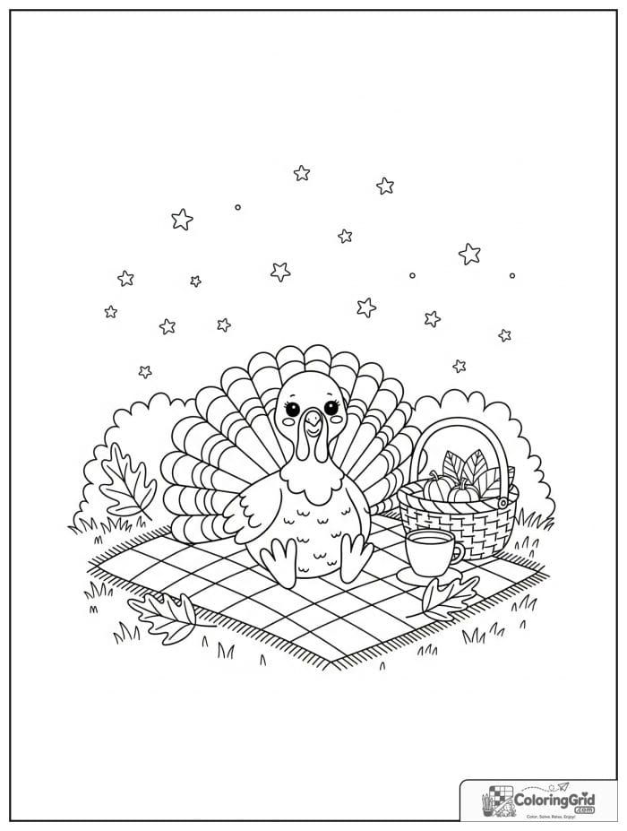 Cute turkey sitting on a picnic blanket.