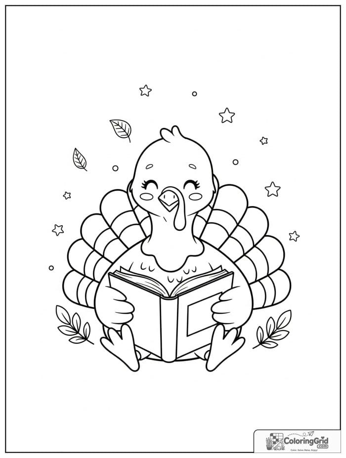 Cozy turkey sitting and reading a book.