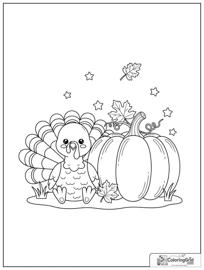 Cute turkey sitting beside a large pumpkin.