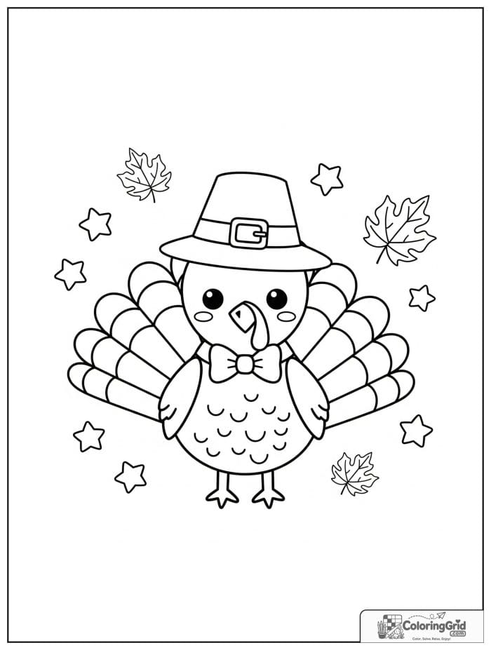 Cute turkey wearing a pilgrim hat and bow tie.