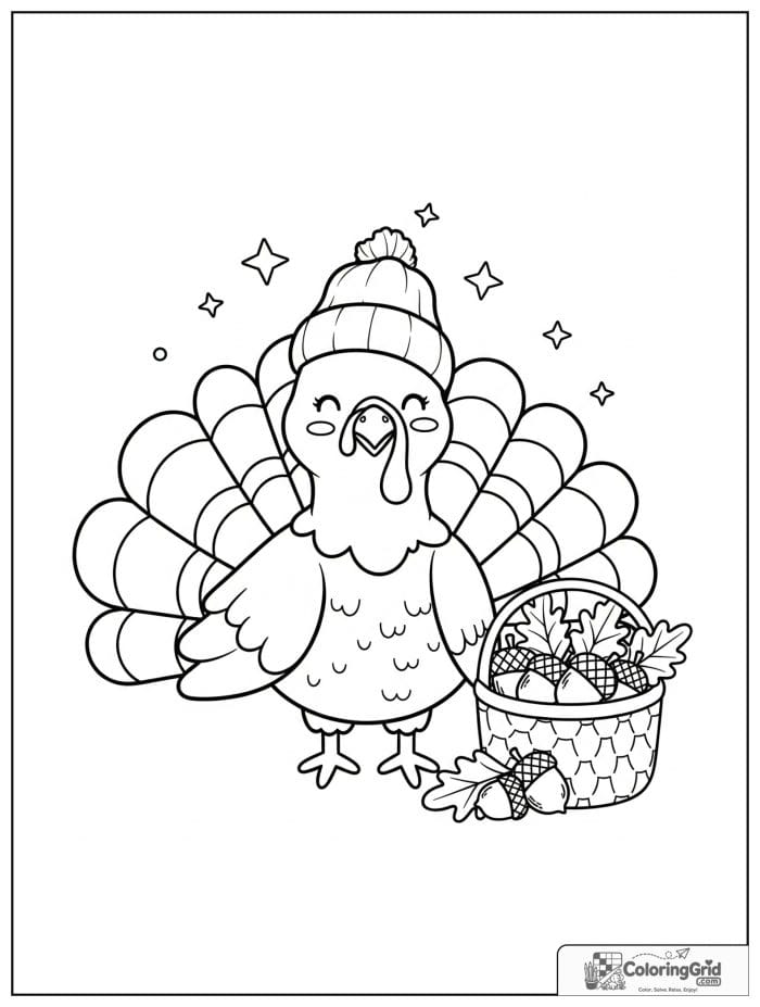 Cheerful turkey next to a basket of acorns.