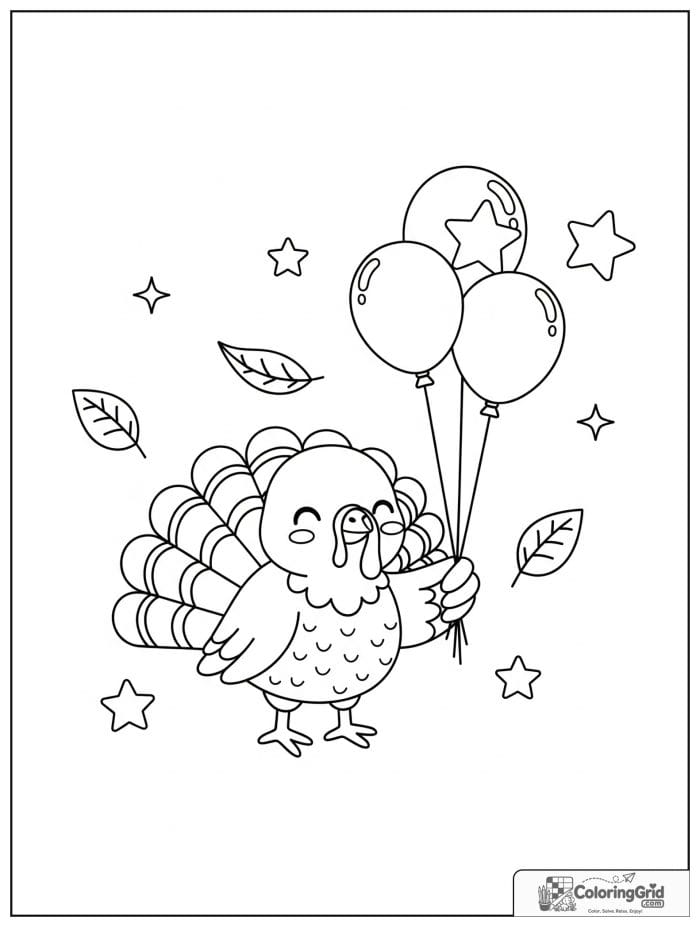 Smiling turkey holding balloons.