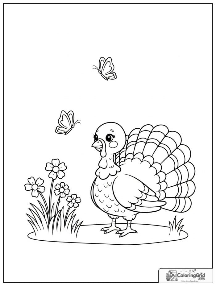 Cute turkey watching butterflies nearby.