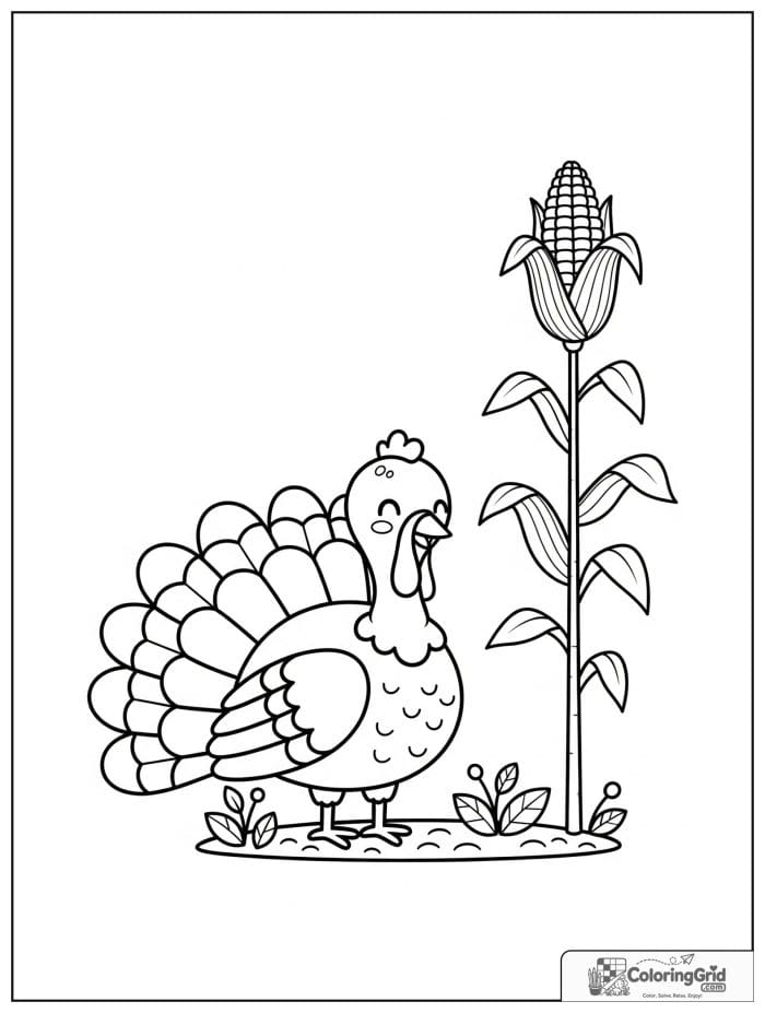 Cheerful turkey beside a tall corn stalk.
