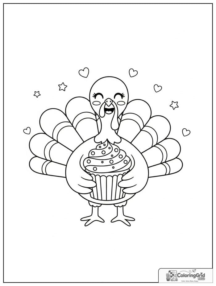 Smiling turkey holding a cupcake.