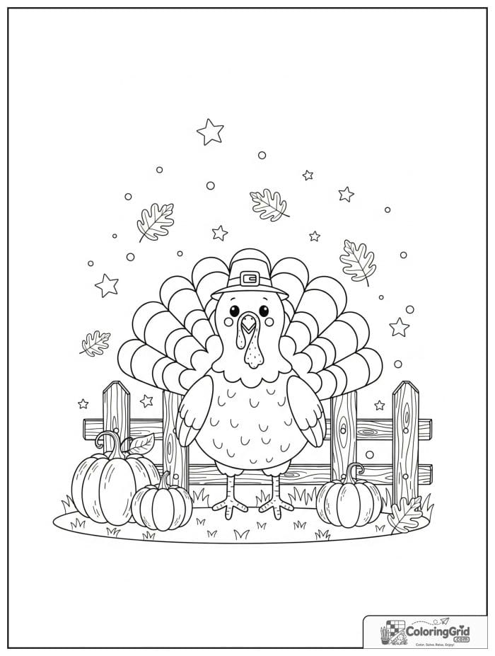 Cute turkey by a fence with pumpkins.