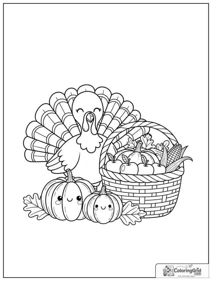 Happy turkey beside a harvest basket.
