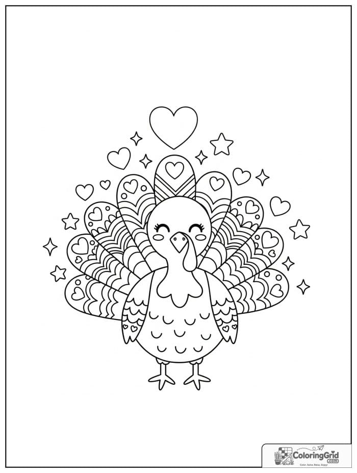 Smiling turkey surrounded by hearts and stars.