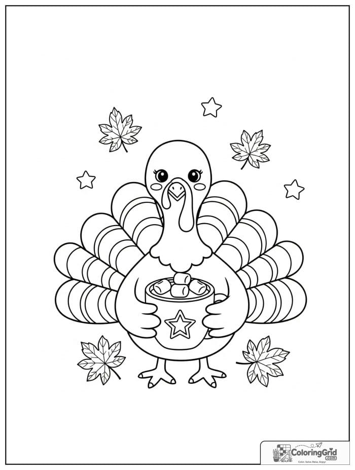 Cute turkey holding a mug of hot cocoa.