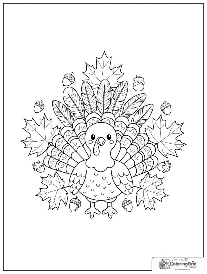 Cute turkey surrounded by maple leaves and acorns.
