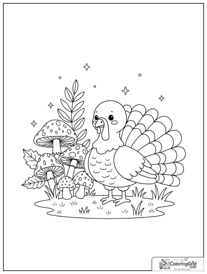 Cute turkey standing beside a cluster of mushrooms.