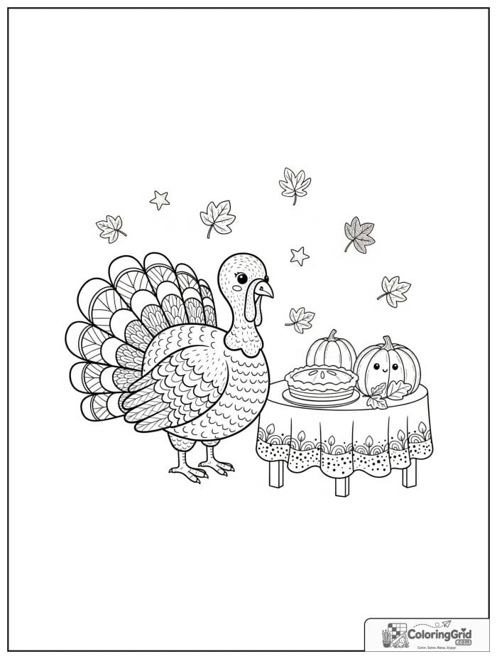 Cute turkey beside a table with pumpkin pie.