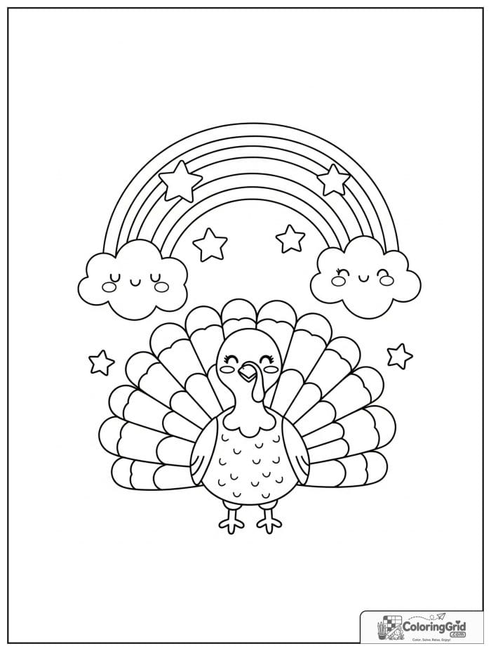 Happy turkey standing beneath a rainbow.
