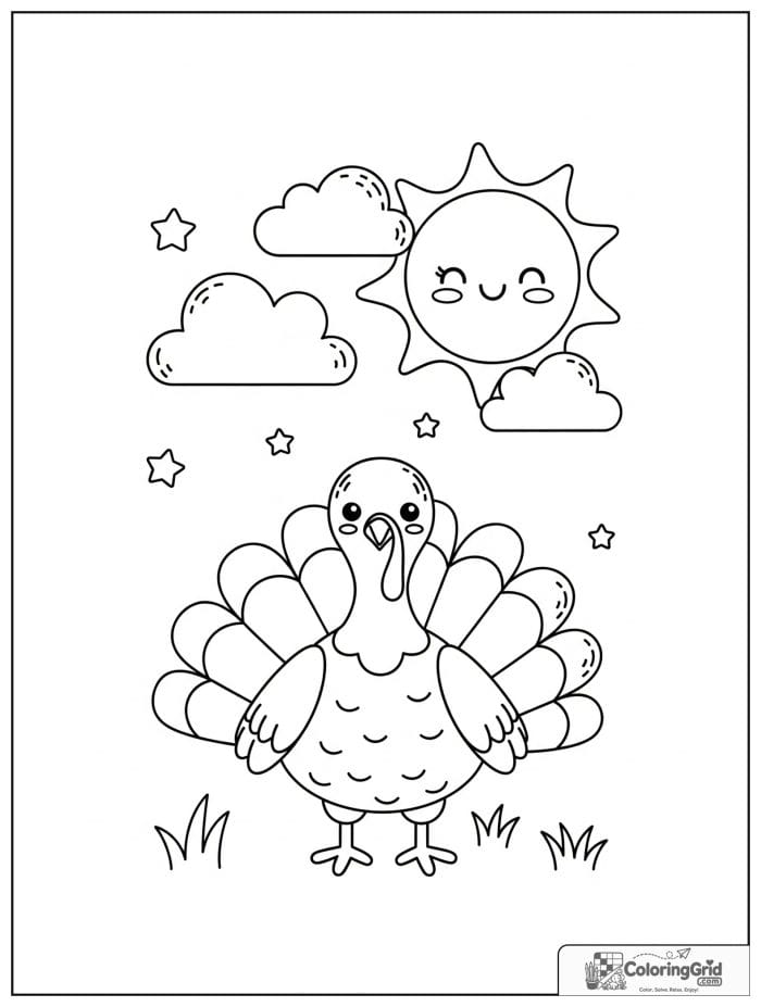 Cheerful turkey under a smiling sun and clouds.